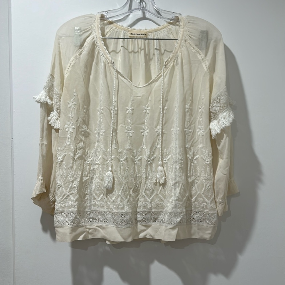 Ulla Johnson Cream Embroidered Tassel Boho Blouse